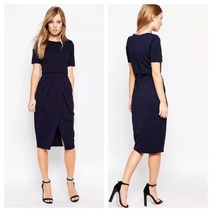 ASOS Double Layer Raised Textured Wiggle Sheath Midi Navy Blue Dress 4